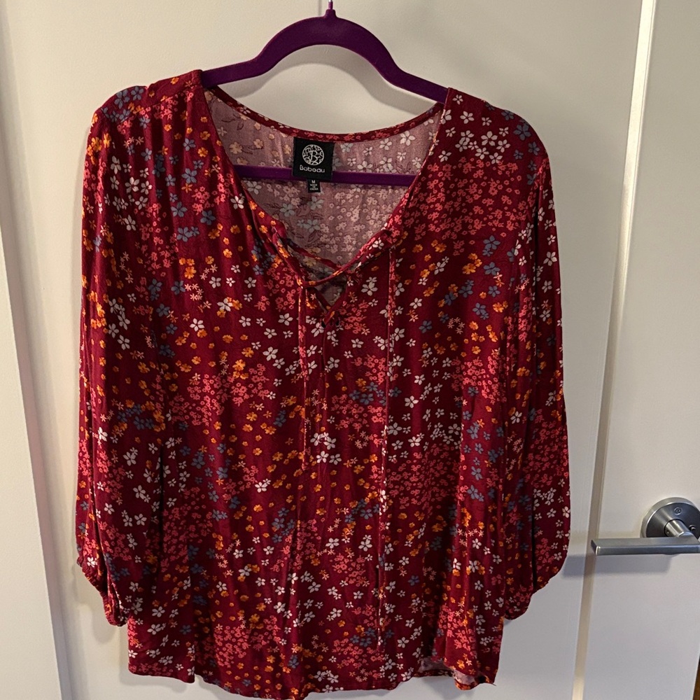 Bobeau Red Floral Lace-Up Blouse